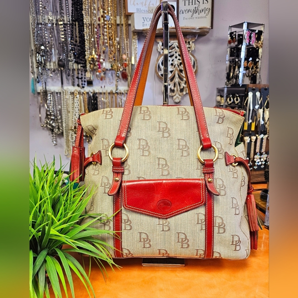 Dooney & Bourke Oversize Red and Tan Monogram Tote